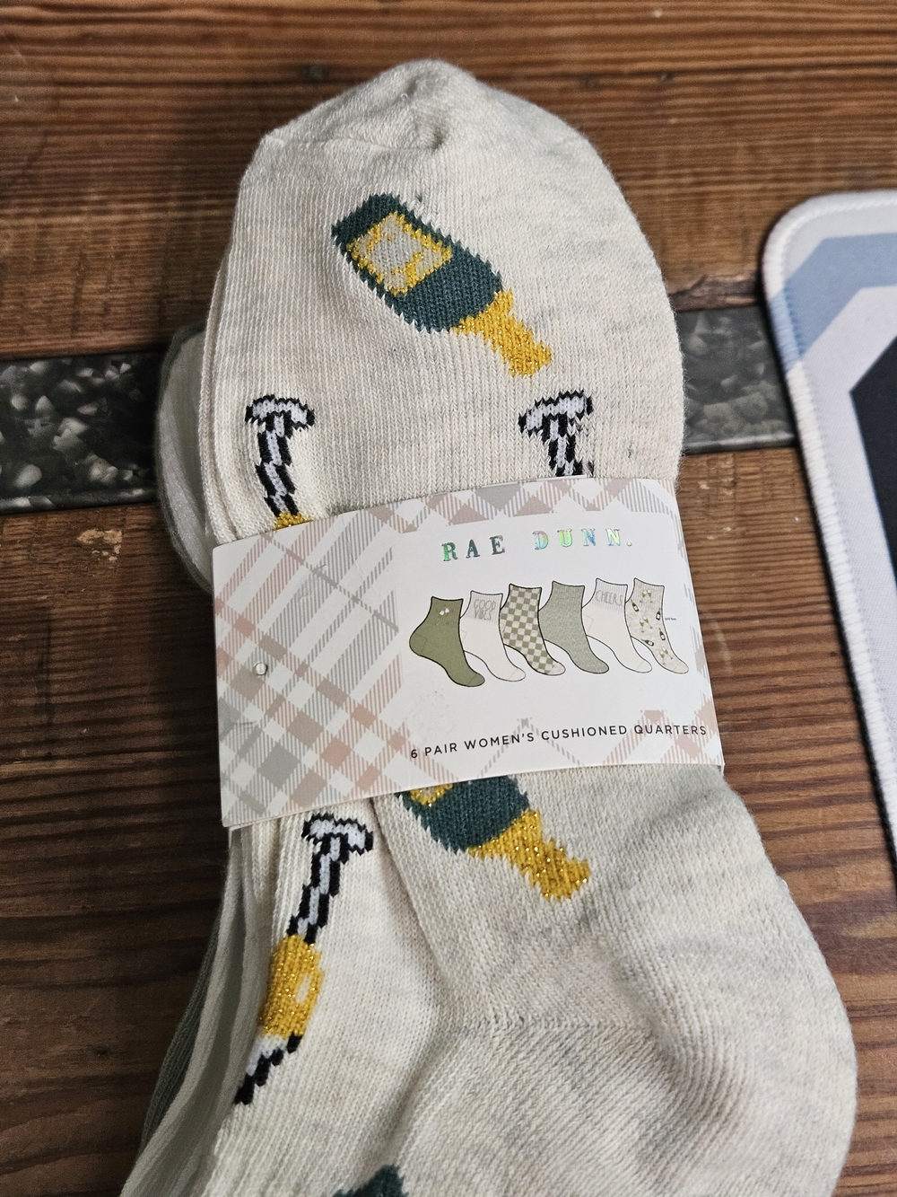 Rae Dunn Women's Cushioned Crew Socks — Cream with Green & Yellow Bottle Motif